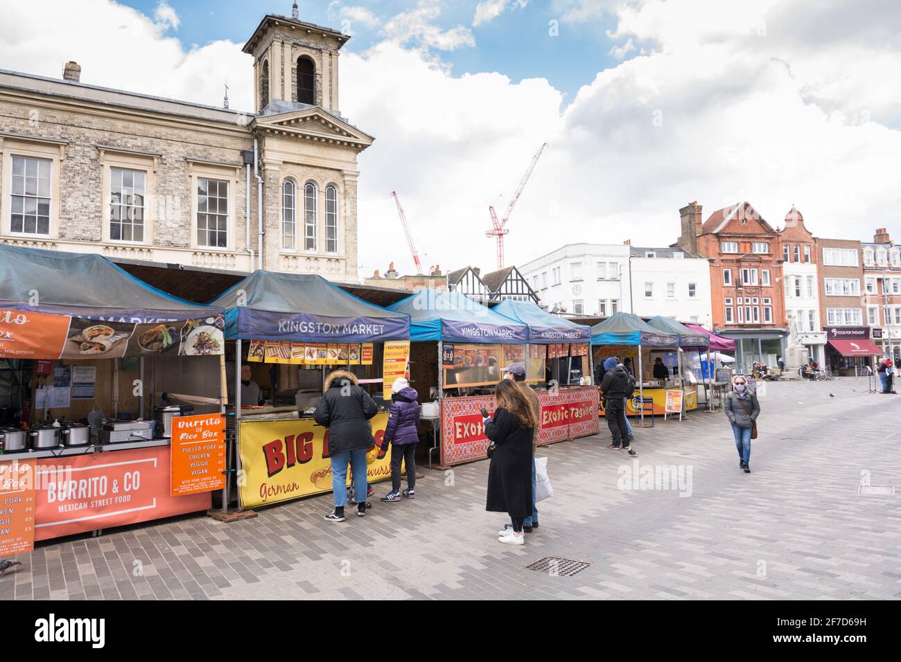 Food stalls on a semideserted Market Square in Kingston Upon Thames