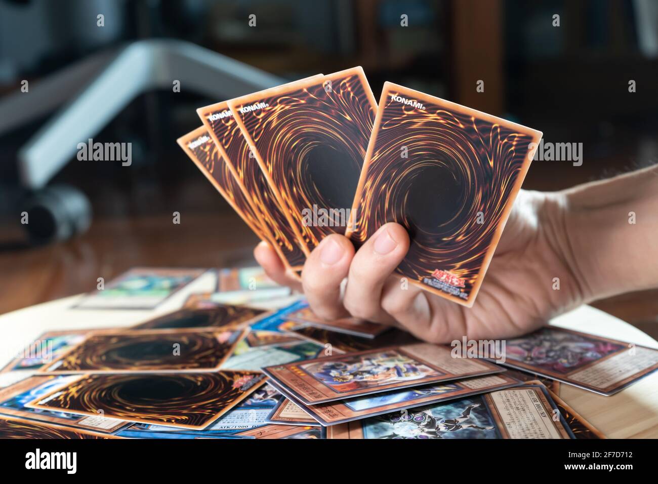 Bangkok, Thailand - April 6, 2021 : A man playing Yu-Gi-Oh trading card game. Stock Photo