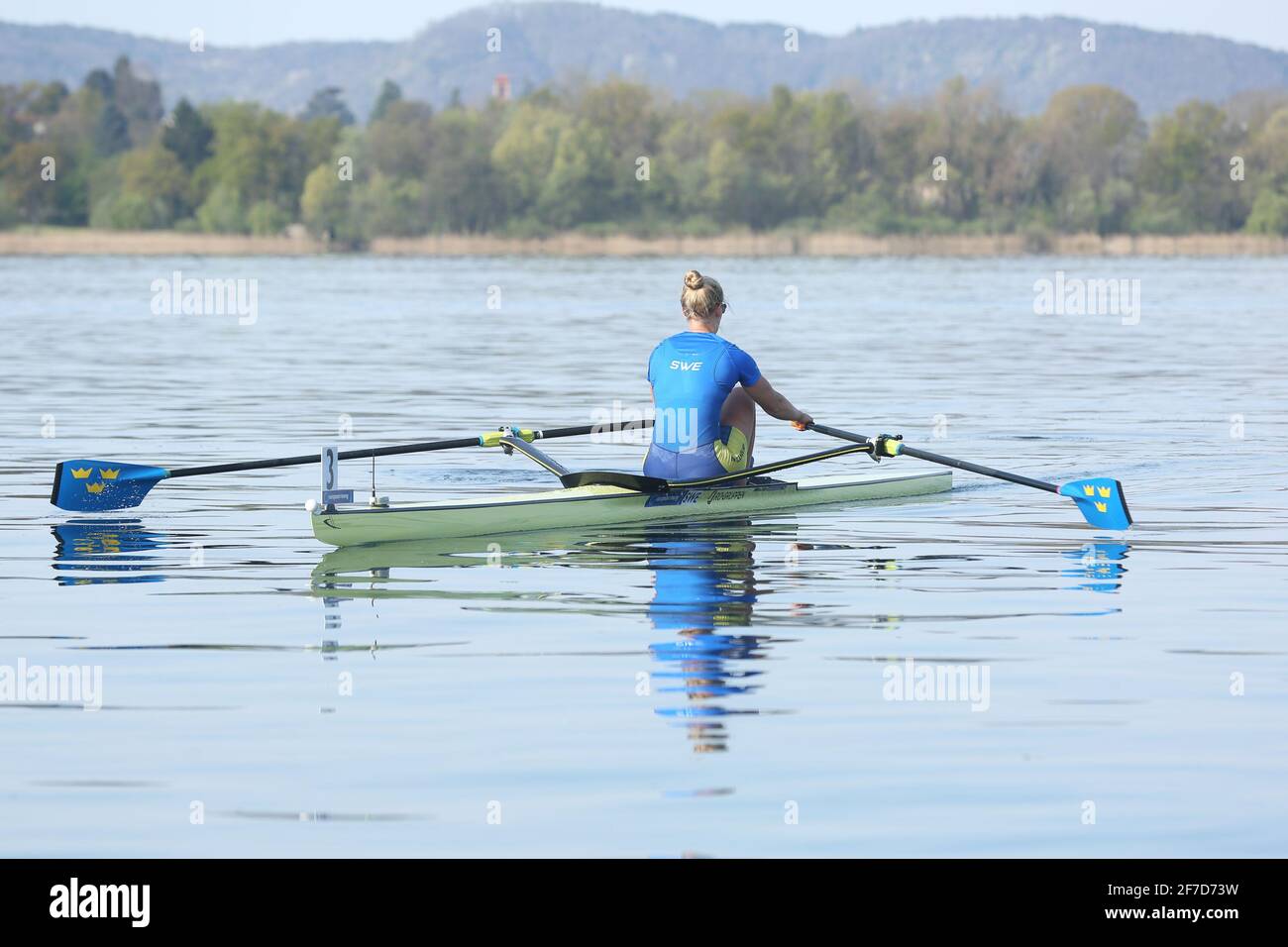 Lovisa CLAESSON of Sweden in action during the Women's Single Sculls Preliminary at the European Olympic Qualification Regatta in Lake Varese on April 5th 2021 in Varese, Italy Stock Photo