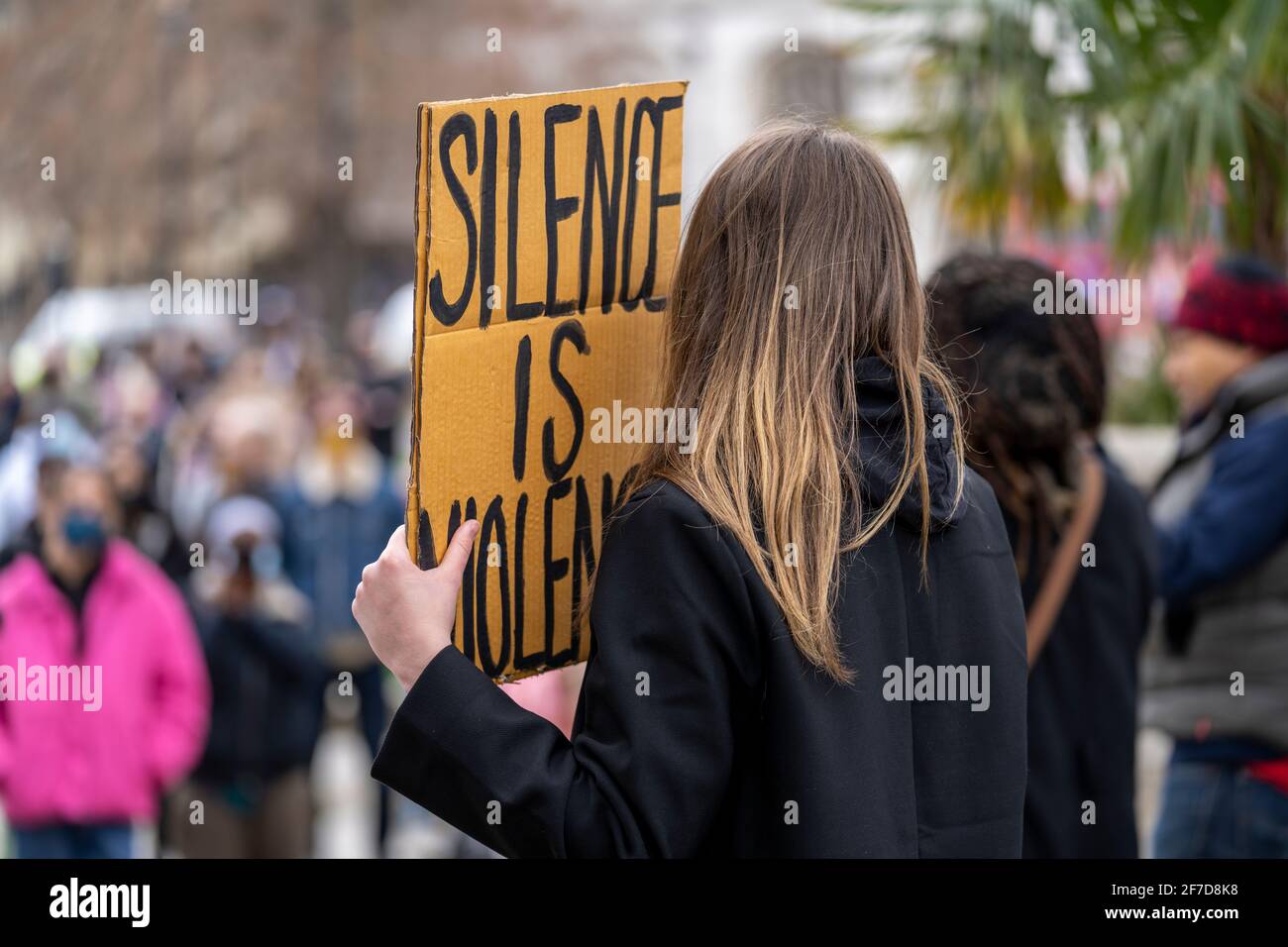 LONDON, UK - 03rd April 2021: Women’s Safety campaigners hold signs during a protest following the murder of Sarah Everard. Stock Photo