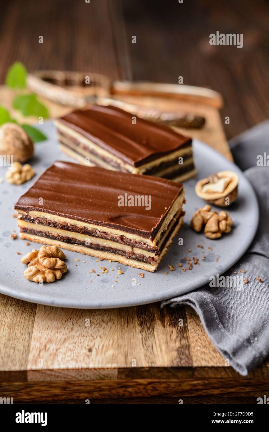 Delicious cocoa and walnut cake with plum jam, topped with chocolate frosting Stock Photo