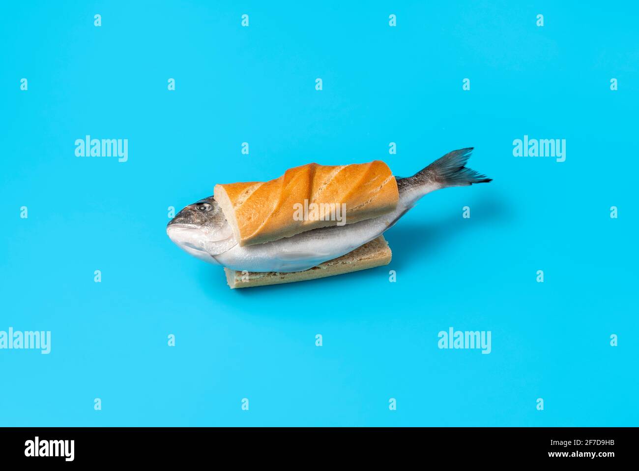 Whole raw fish between slices of bread on a blue colored table. Eating raw  fish concept with a frozen dorado fish in a sandwich Stock Photo - Alamy