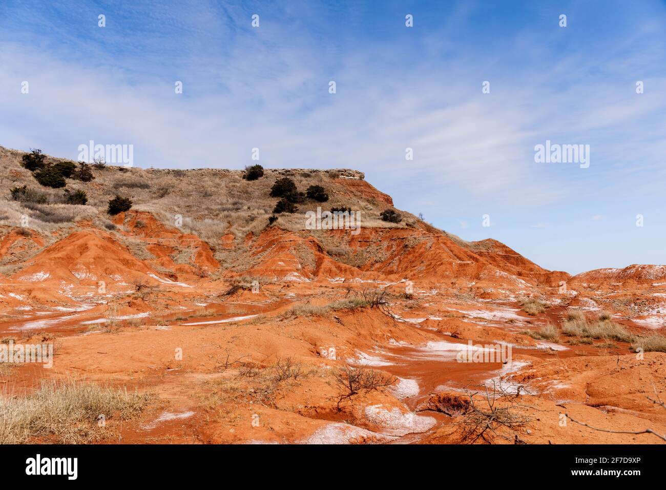 Gloss Mountain State park in Fairview Oklahoma. The white is Gypsum used to make Sheetrock. Stock Photo