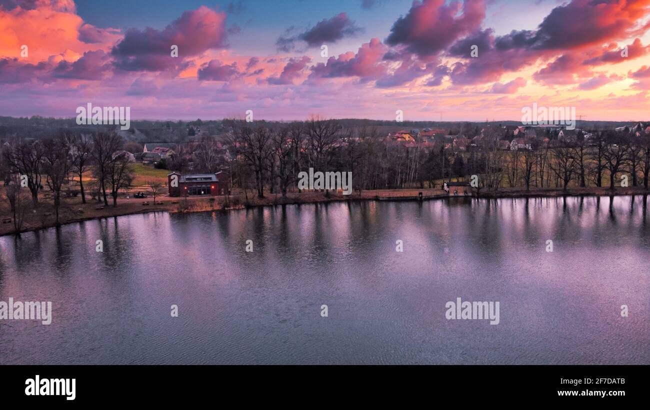 Dresden Dippelsdorf lake in the evening with train track Stock Photo
