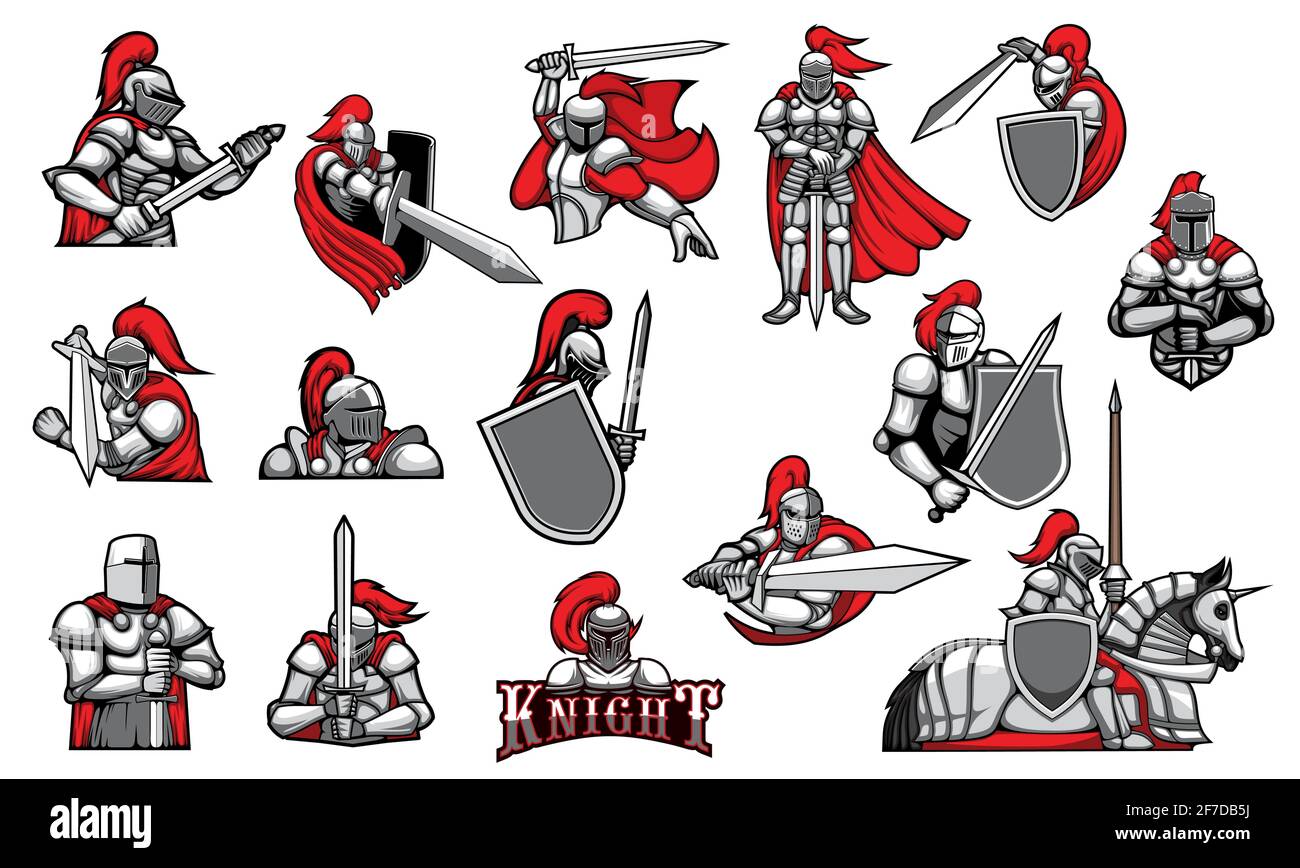 Knights with swords isolated vector mascots Stock Vector