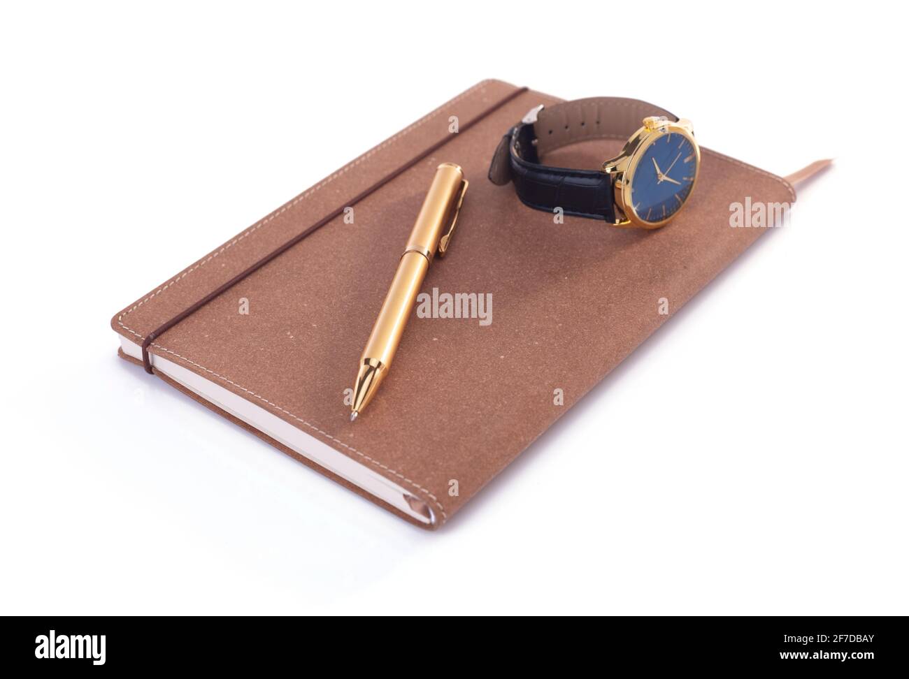 notepad or paper notebook with pen isolated on white background, leather pad isolate Stock Photo
