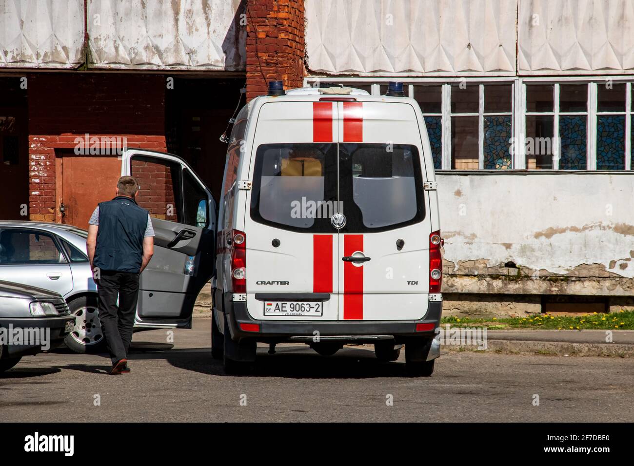 BELARUS, NOVOPOLOTSK - MAY 28, 2020: The back door of the ambulance car Stock Photo