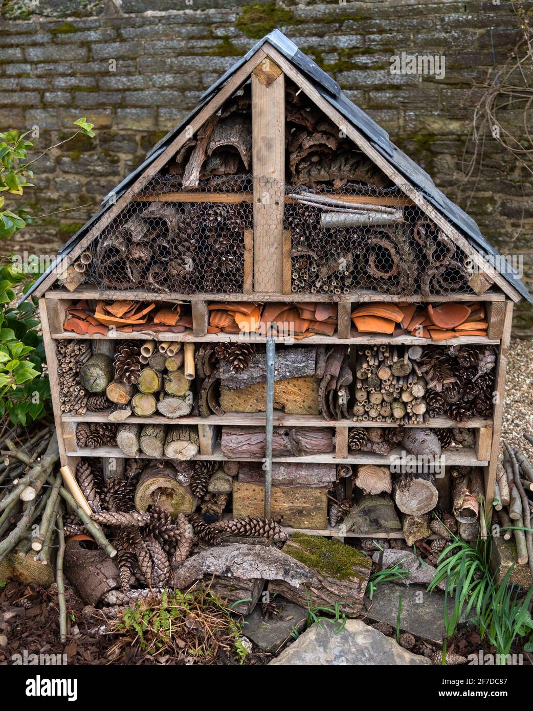 An insect house built to provide homes for bugs and mini beasts. Stock Photo