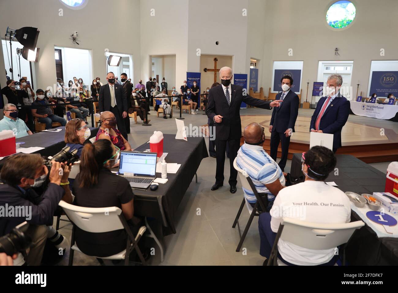 President Joe Biden visits a vaccination site at the Virginia Theological Seminary in Alexandria, VA on Tuesday, April 6, 2021 (Photo by Oliver Contreras/Pool/ABACAPRESS.COM) Stock Photo