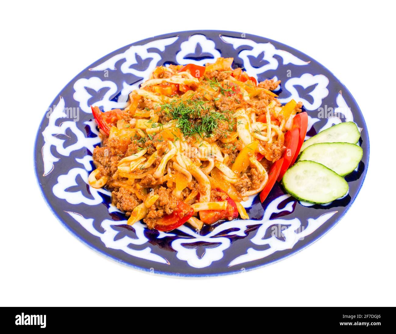 Asian style noodles with minced beef and baked vegetables. Isolated on