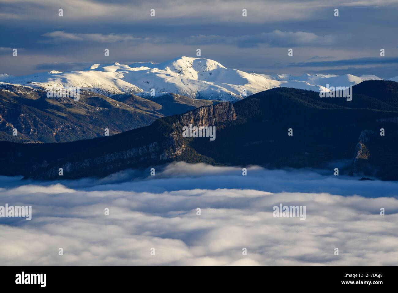 Puigmal mountain in a winter sunrise over a sea of clouds seen from the Figuerassa viewpoint, (Berguedà, Catalonia, Spain, Pyrenees) Stock Photo