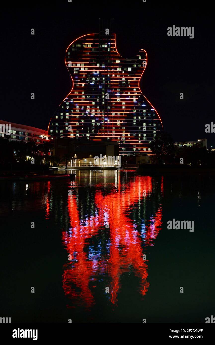 Hollywood FL 20201008 The iconic Hard Rock Guitar Hotel lights up in RedWhite and Black