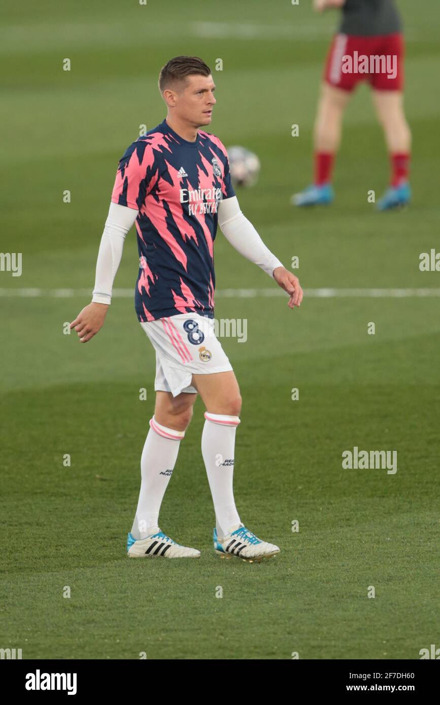 Madrid, Spain. 06th Apr, 2021. Madrid Spain; 06.04.2021.- Real Madrid against Liverpool Champions League quarter-finals 1st leg match held at the Alfredo Di Stefano Stadium in Madrid.Real Madrid player Toni Kroos | usage worldwide Credit: dpa/Alamy Live News Stock Photo