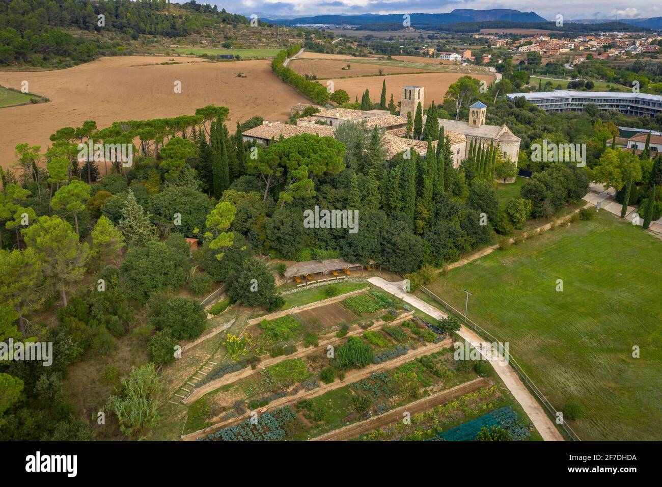Sant Benet de Bages monastery in an aerial view in summer (Barcelona province, Catalonia, Spain)  ESP: Vista aérea del Monasterio Sant Benet de Bages Stock Photo