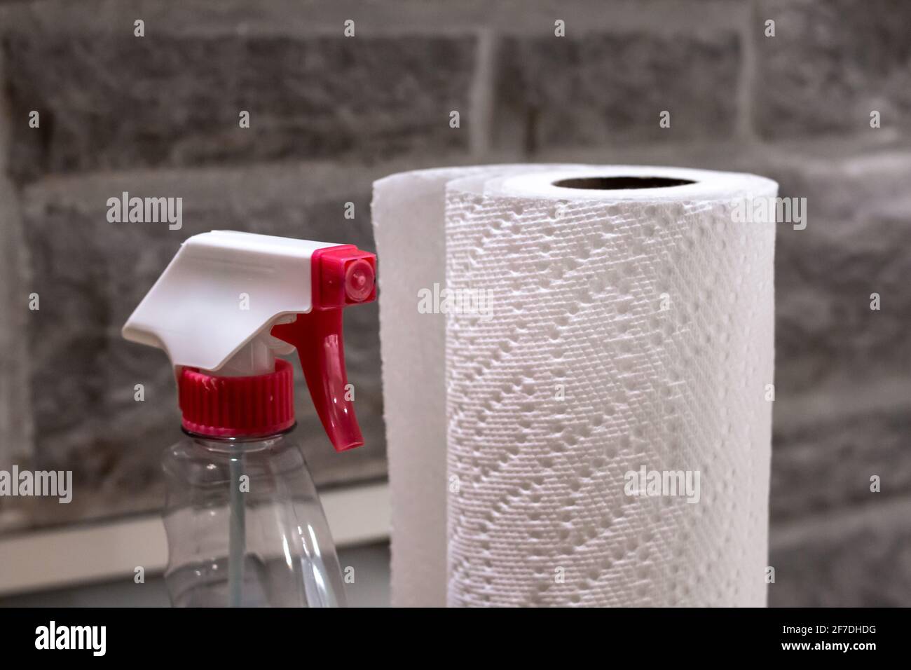 Brandless glass cleaner and a roll of paper towel against brick