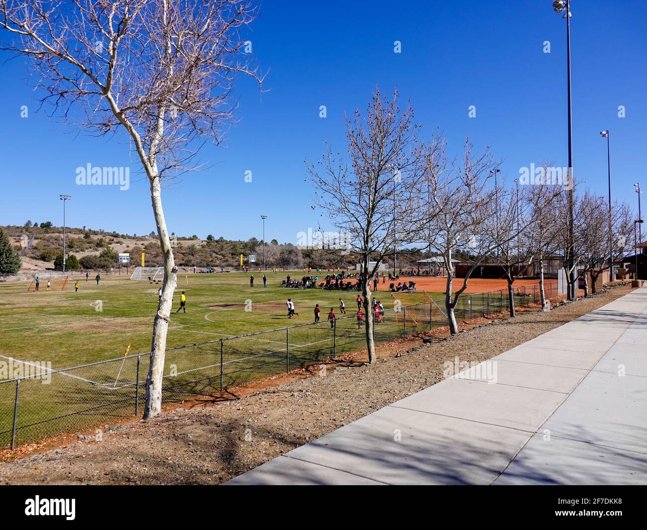 Parents, coaches, officials, and players on the soccer fields at a