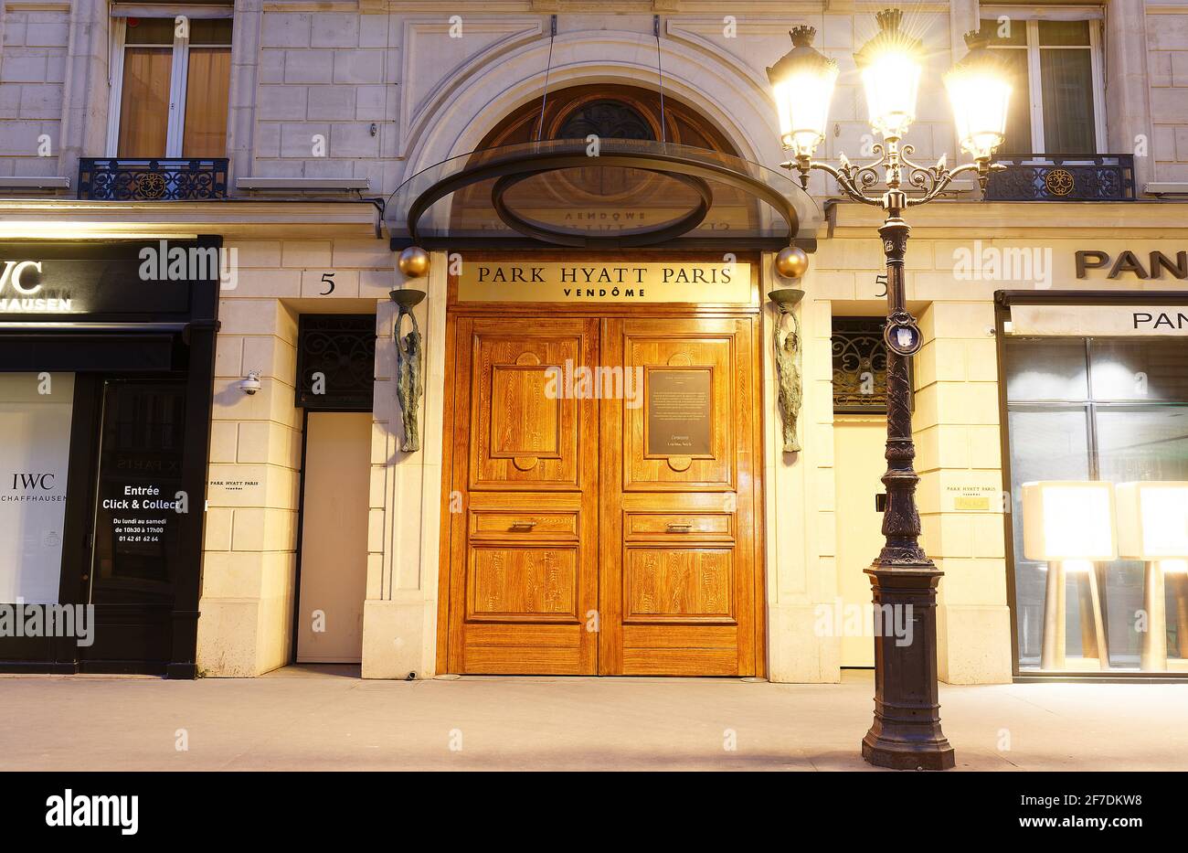 Park Hyatt Paris-Vendome is the luxury hotel palace located at rue de la Paix, near Place Vendome and the Opera Garnier palace. Stock Photo