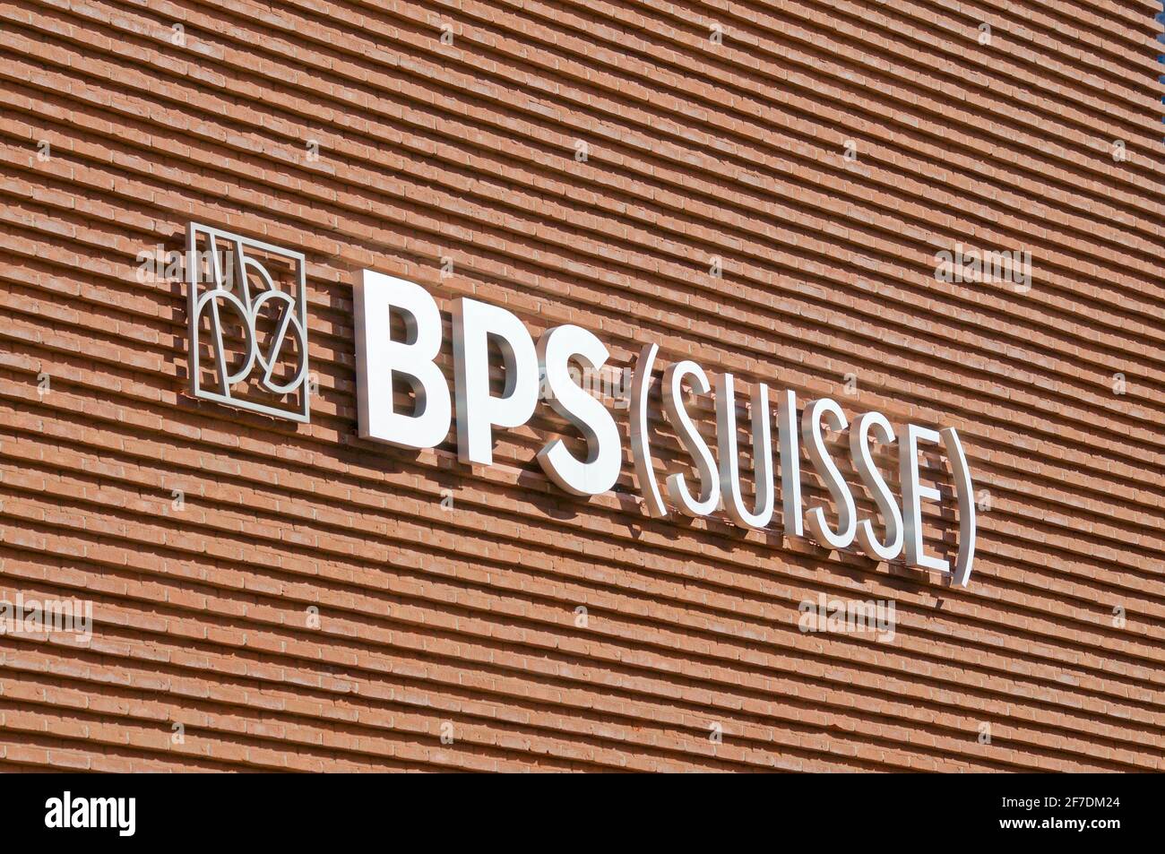 Lugano, Ticino, Switzerland - 16th March 2021 : Banca Popolare di Sondrio or BPS Suisse Bank sign hanging on a building in Lugano, Switzerland Stock Photo
