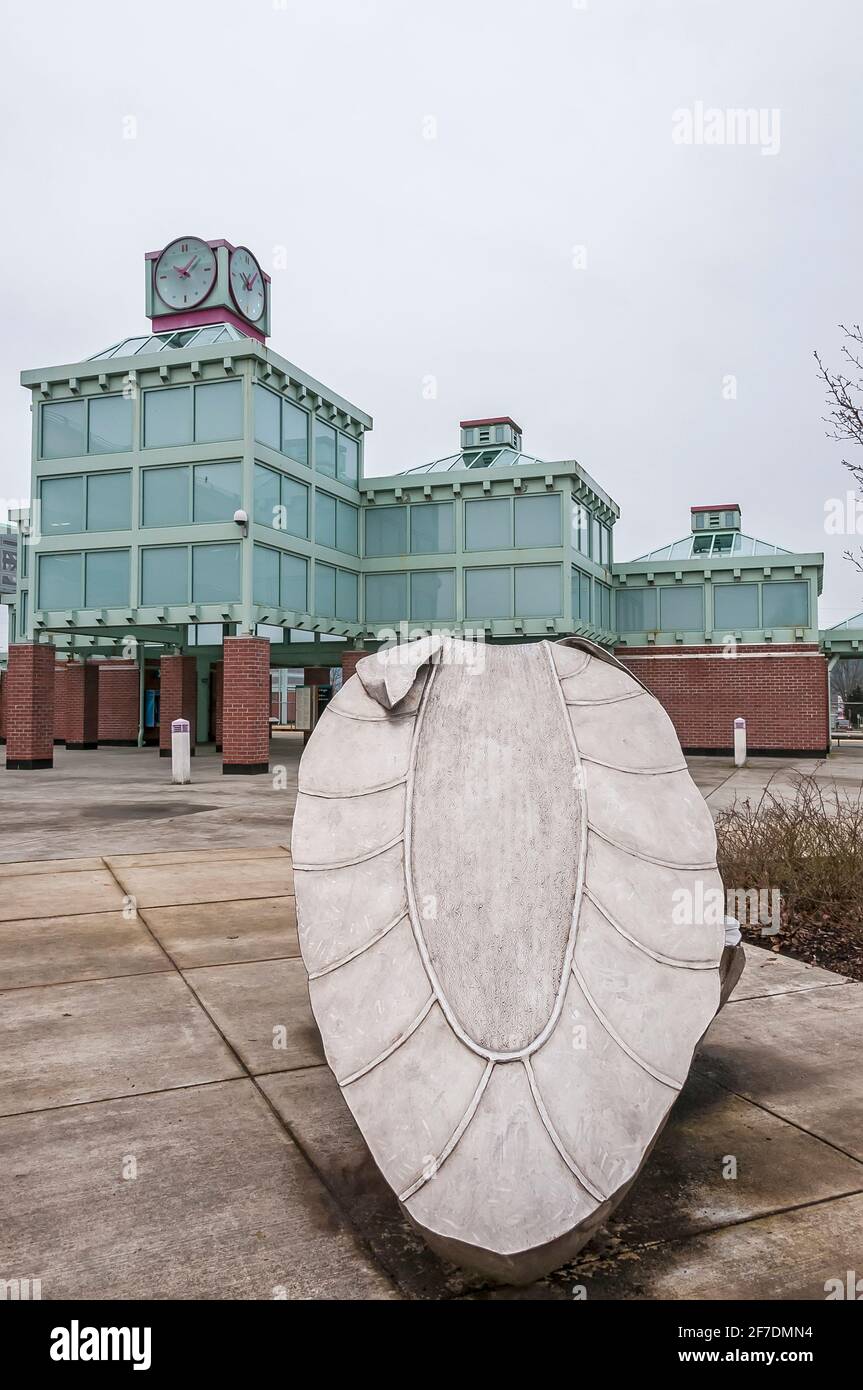 Auburn Transit Station Plaza near the railroad station in Auburn, Washington.   In view is Bruce West's 'Strawberry Duo,' sculpture. Stock Photo