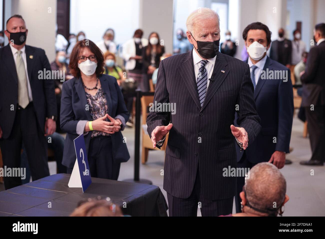 United States President Joe Biden visits a vaccination site in the Immanuel Chapel at the Virginia Theological Seminary in Alexandria, Virginia on Tuesday, April 6, 2021. The President said he expects a significant portion of the population to be vaccinated by the end of the summer. Credit: Oliver Contreras/Pool via CNP | usage worldwide Stock Photo