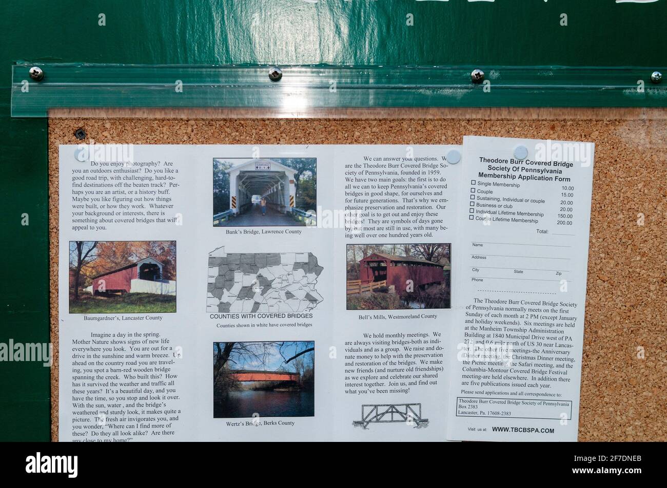 Bulletin board posting information about covered bridges by the Theodore Burr Covered Bridge Society in Pennsylvania, USA. Stock Photo