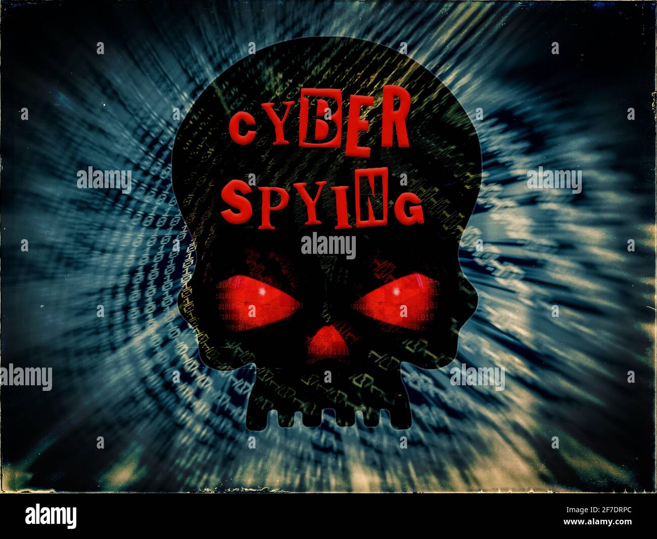 Cyber spying, Pirate skull on Binary code background Stock Photo