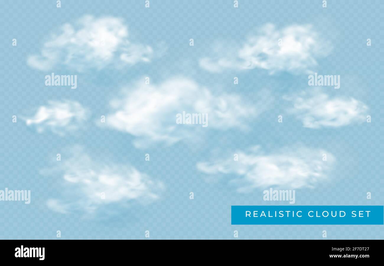 Cloud in realistic style on transparent background. Abstract clouds set. Vector design template. Stock Vector