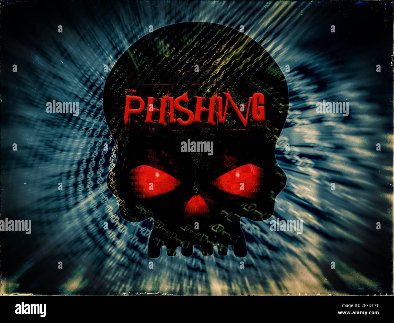 Phishing displayed on a Pirate skull on a Binary code background Stock Photo