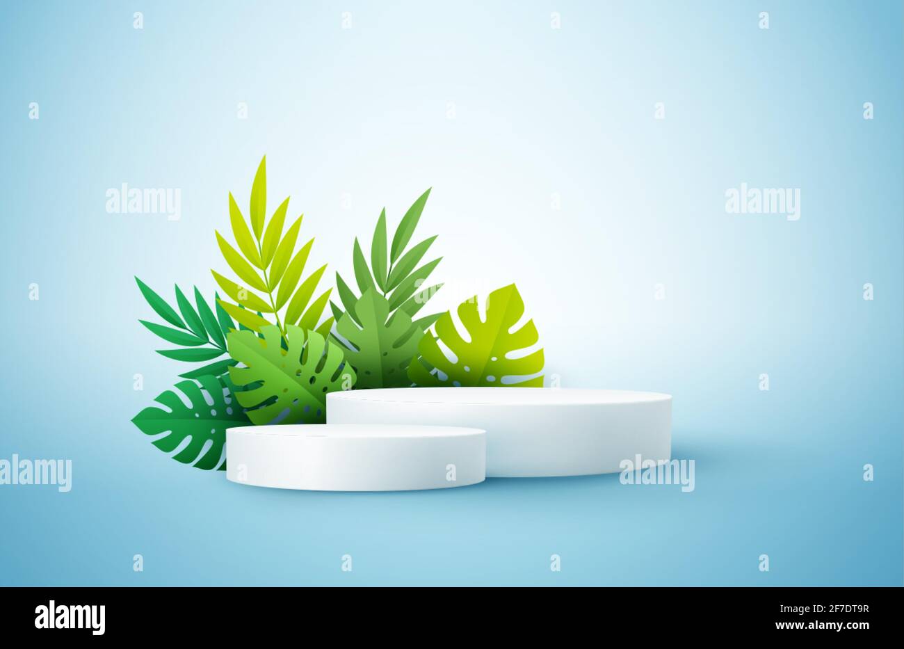 Product display podium decorated with tropical palm leaves on blue background Stock Vector