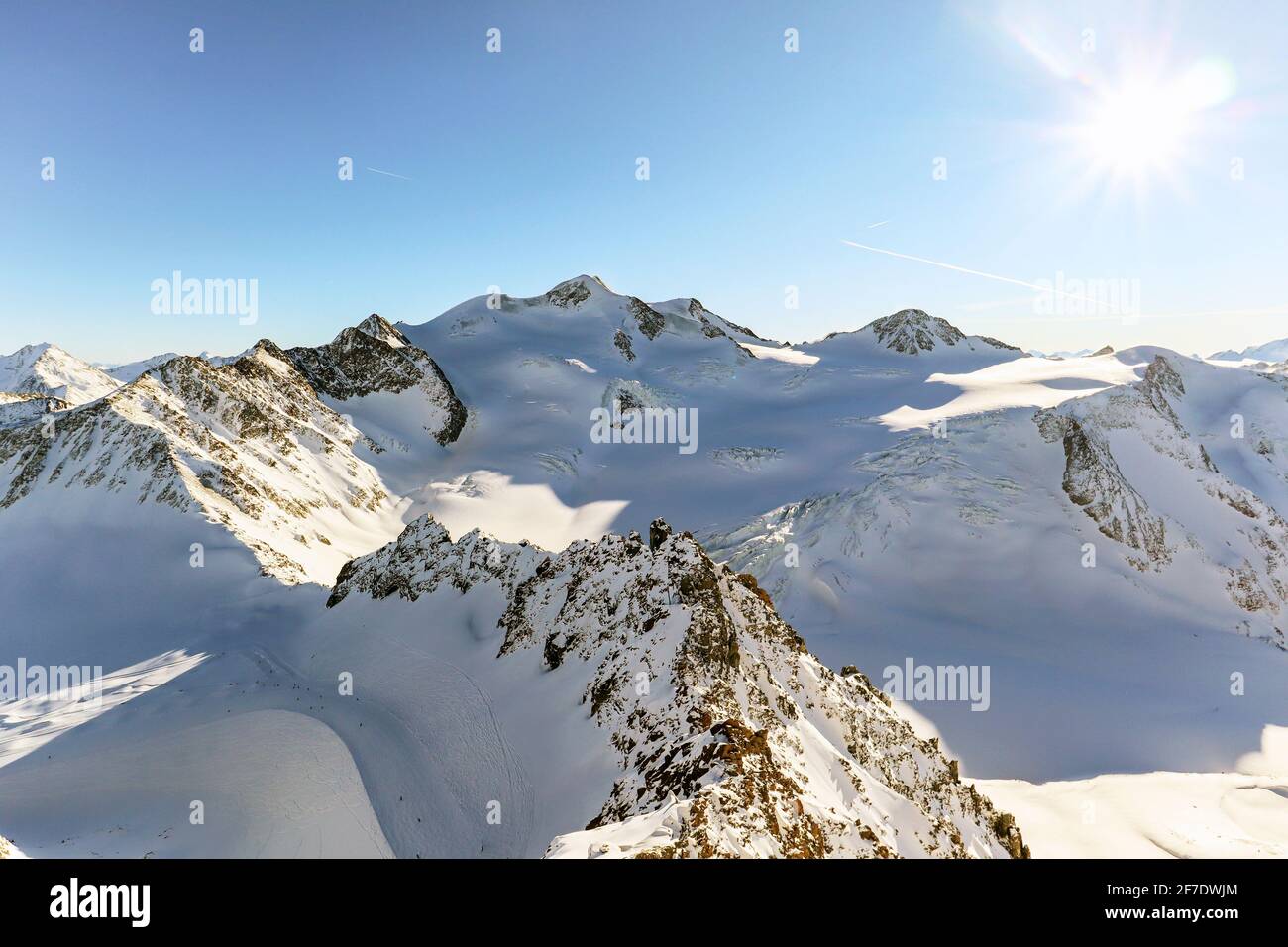 View from Pitztal glacier into the high alpine mountain landscape with Wildspitze summit in winter with lots of snow and ice, Austrian Alps in Tirol A Stock Photo
