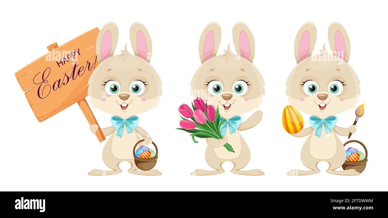 Happy Easter. Cute little bunny, set of three poses. Cartoon ...
