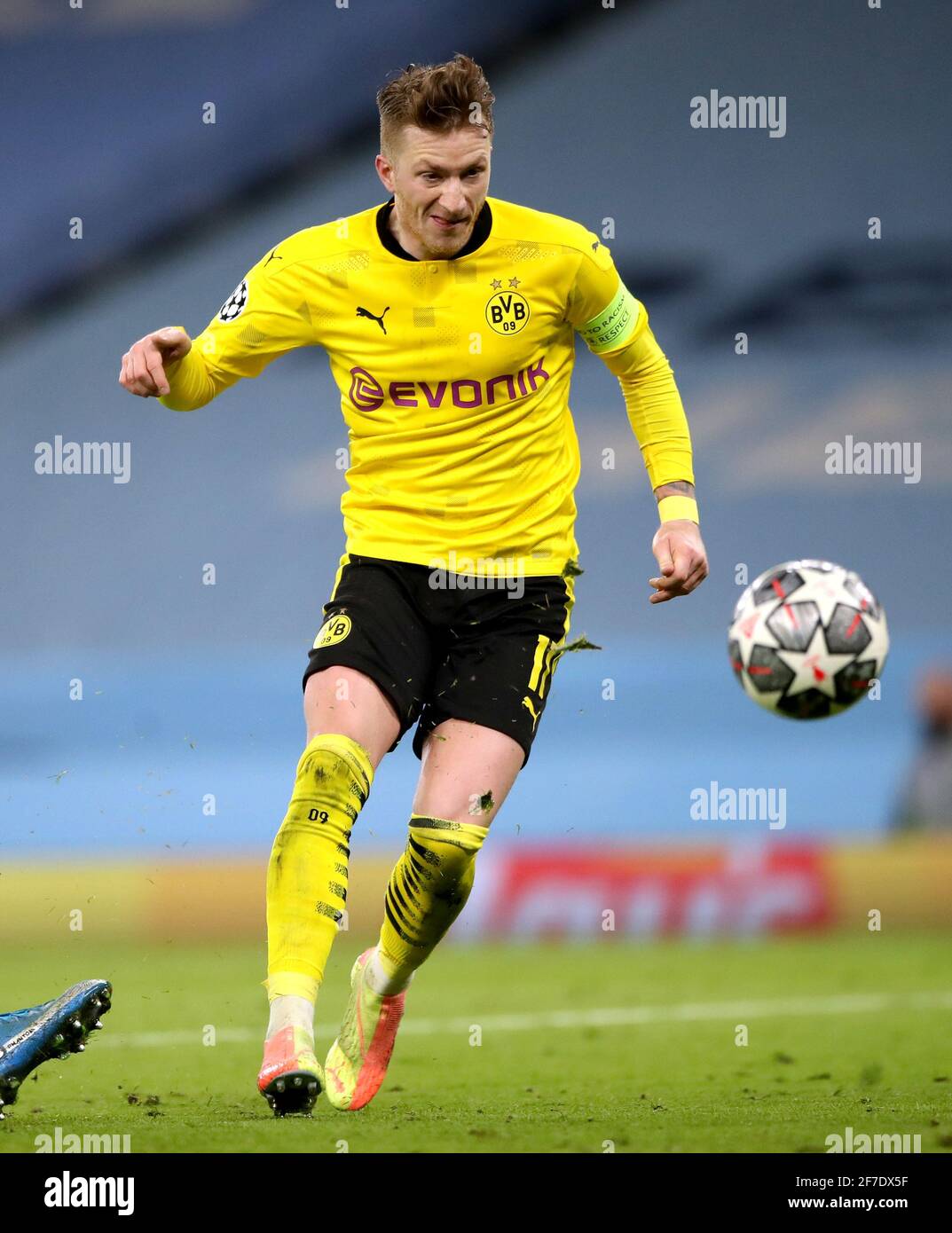 Borussia Dortmund's Marco Reus scores their side's first goal of the game  during the UEFA Champions League match at the Etihad Stadium, Manchester.  Picture date: Tuesday April 6, 2021 Stock Photo - Alamy