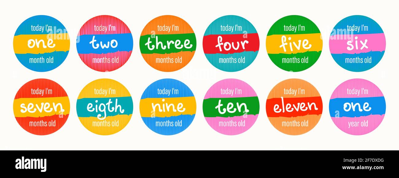 Set of vector lettering stickers today I'm 1, 2, 3, 4, 5, 6, 7, 8, 9, 10, 11, 12 months old. Happy birthday greeting card for baby under one year old. Stock Vector