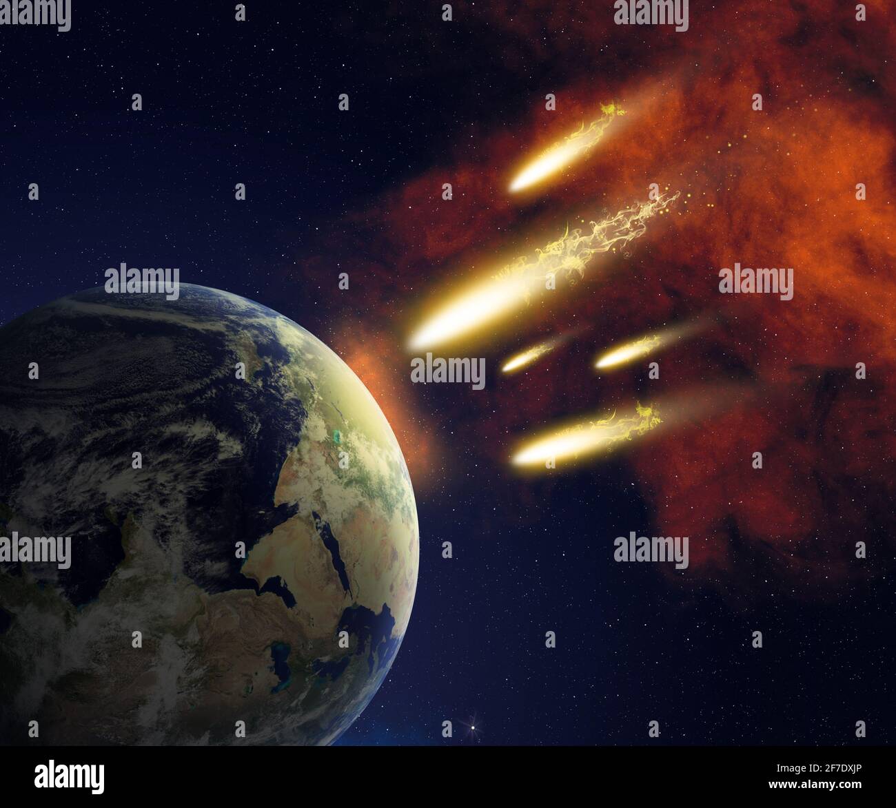 Earth and flying asteroids in space. Asteroid impact. Catastrophe (elements furnished by NASA). Stock Photo