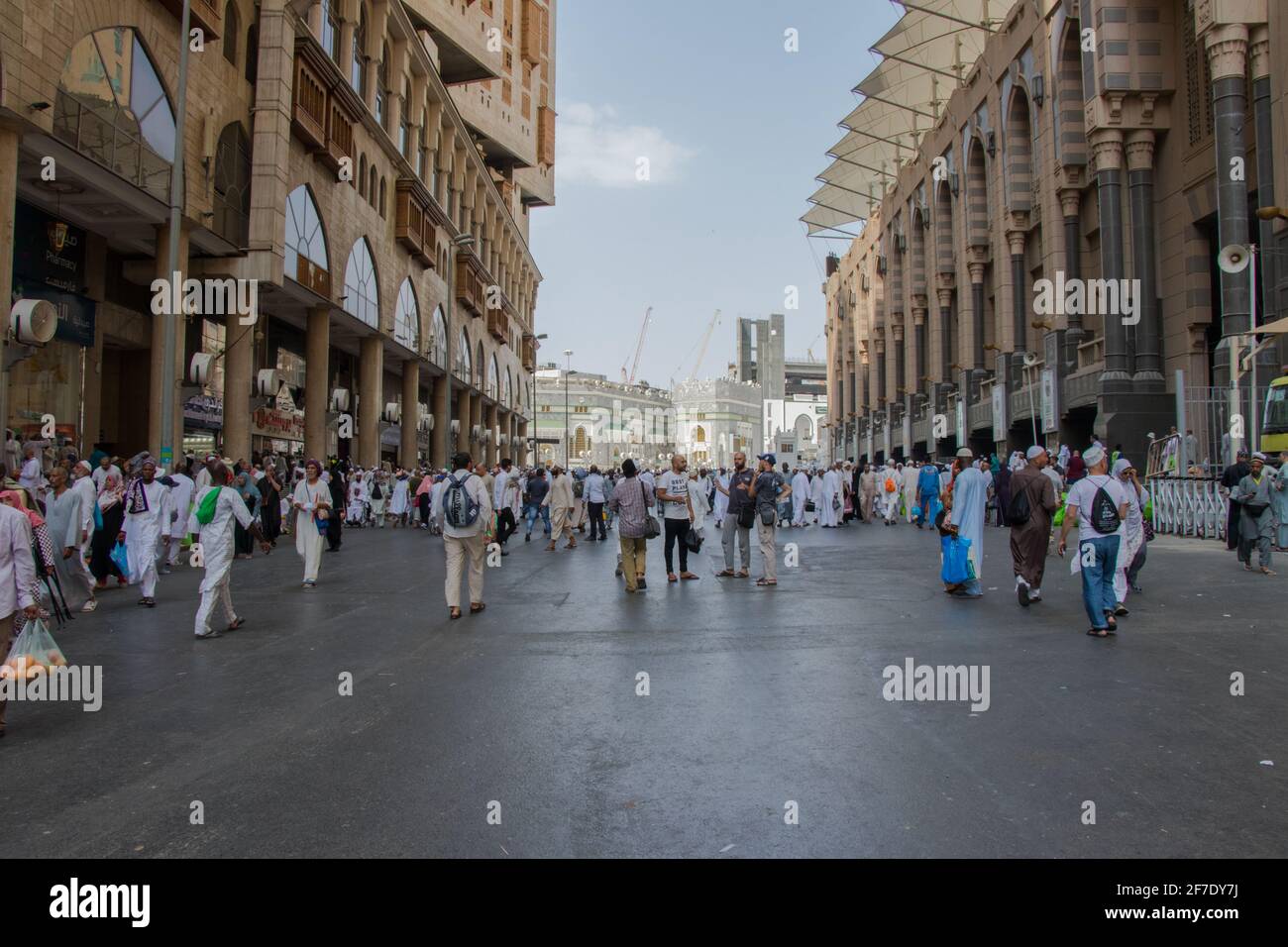 View from the city of Mecca. Streets of Mecca city during hajj season. Muslim pilgrims at Mecca city. Real life in Mecca right behind Abraj Clock Stock Photo