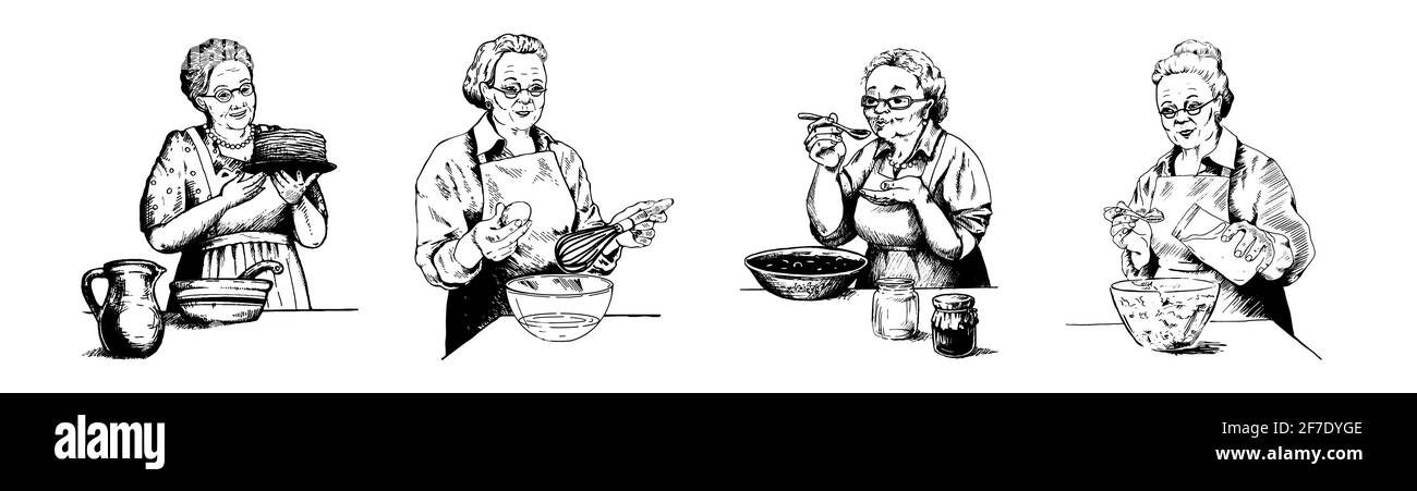 A set of images of old grandmothers, sketch. Elderly ladies make jam, bake pancakes, beat eggs, dress salad. Vector, black and white isolated line art Stock Vector