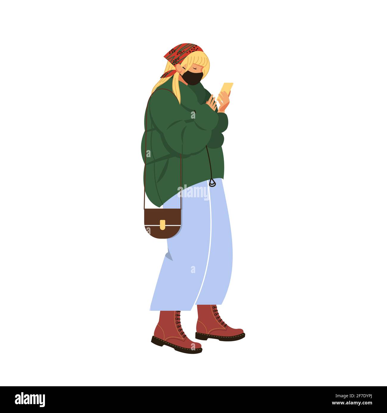 A young girl looks at the phone in anticipation.The teenager is dressed in a green jacket and red boots.Vector illustration in cartoon ,isolated flat. Stock Vector
