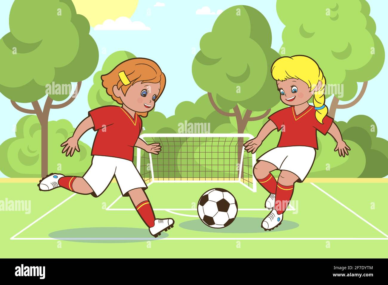 Teenage girls play soccer by kicking a ball on a soccer field with a goal .  Vector illustration in cartoon style , isolated black and white line art  Stock Vector Image &