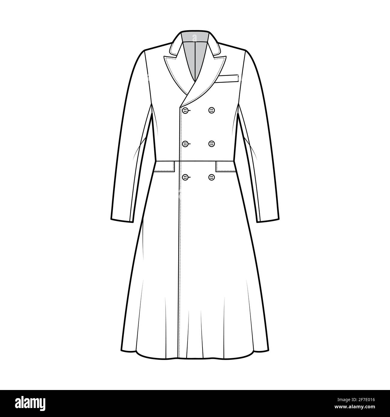 Frock coat technical fashion illustration with double breasted, fitted body, long sleeves, round collar peak, knee length, A-line skirt. Flat jacket template front, white color style. Women, men, CAD Stock Vector
