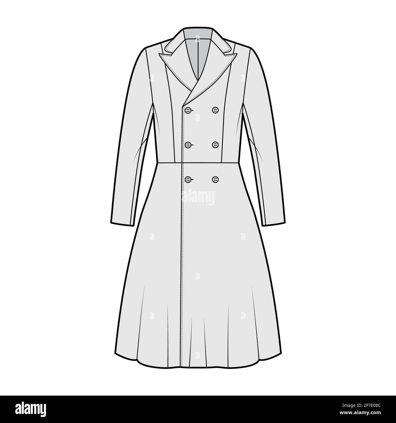 Redingote coat technical fashion illustration with double breasted, fitted, long sleeves, peak lapel collar, knee length. Flat jacket template front, grey color style. Women, men unisex top CAD mockup Stock Vector