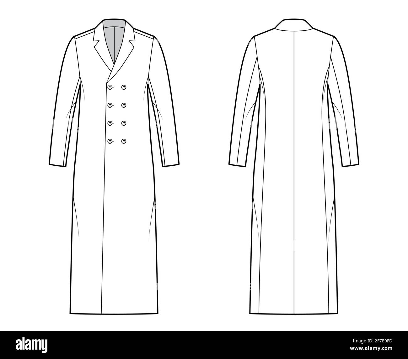 Classic coat technical fashion illustration with midi length, notched shawl  collar, oversized body, double breasted. Flat jacket template front, back,  white color style. Women, men, unisex CAD mockup Stock Vector Image &