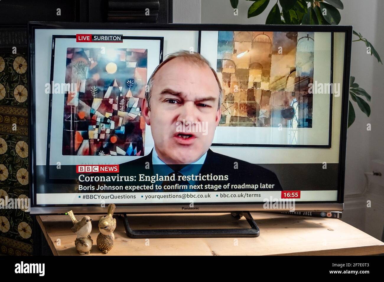 Sir Ed Davey, leader of the Liberal Democratic party in the UK, being interviewed about Covid restrictions on BBC news. Stock Photo