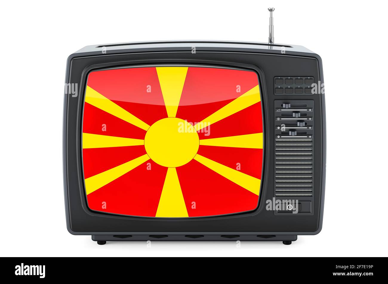 Macedonian Television concept. TV set with flag of Macedonia. 3D rendering isolated on white