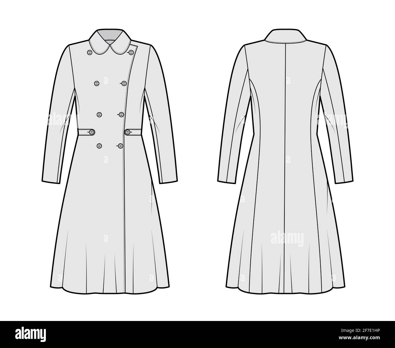 Skating coat technical fashion illustration with tabs, double breasted, long sleeves, round collar, knee length, A-line silhouette. Flat template front, back, grey color style. Women, men, CAD mockup Stock Vector