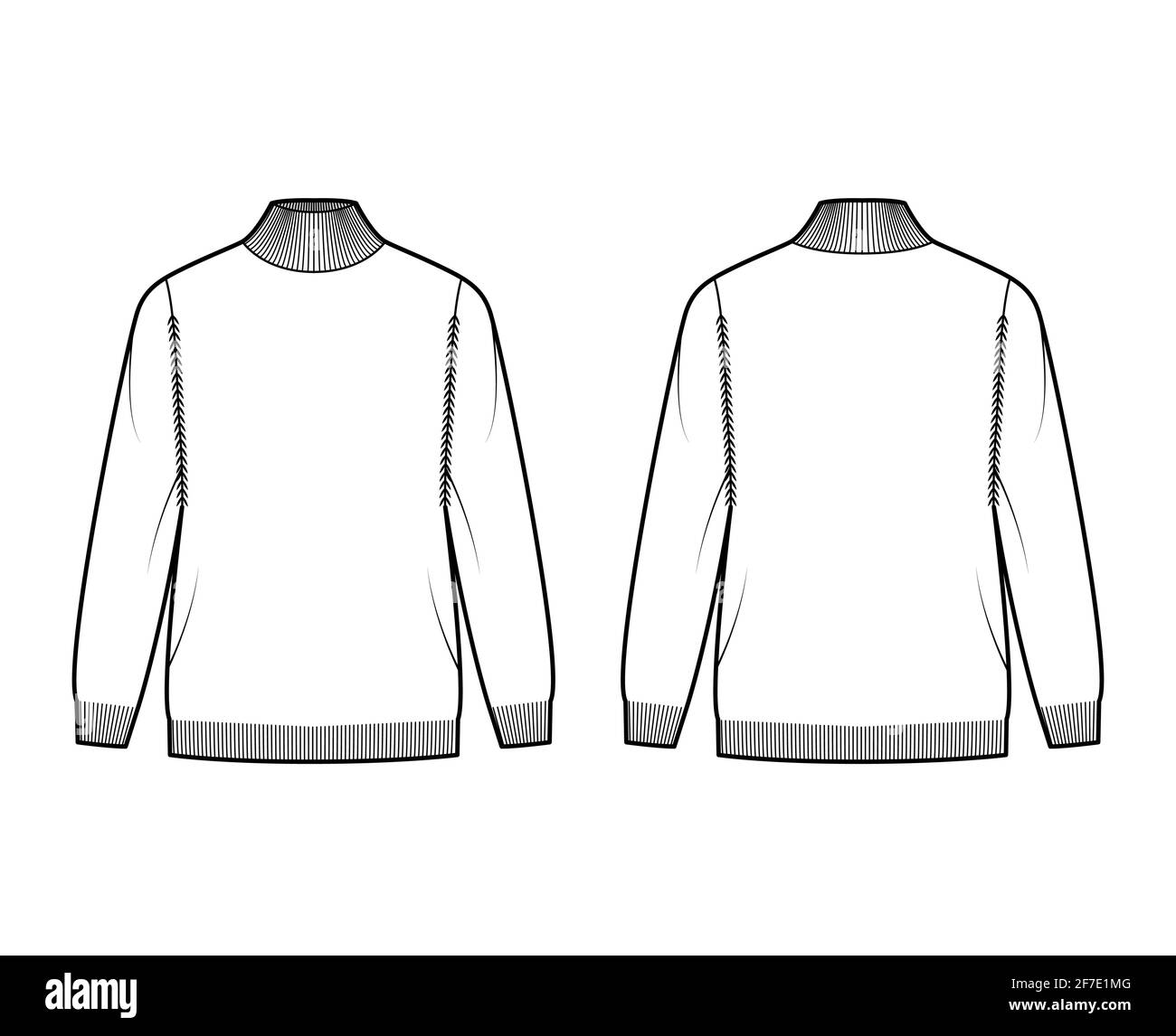 Turtleneck Sweater technical fashion illustration with long sleeves, oversized, fingertip length, knit rib trim. Flat jumper apparel front, back, white color style. Women, men unisex CAD mockup Stock Vector