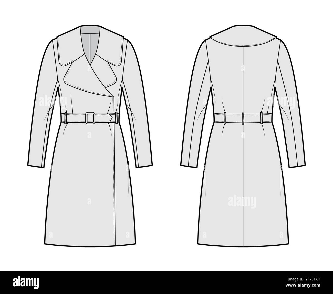 Belted coat technical fashion illustration with long sleeves, huge ...