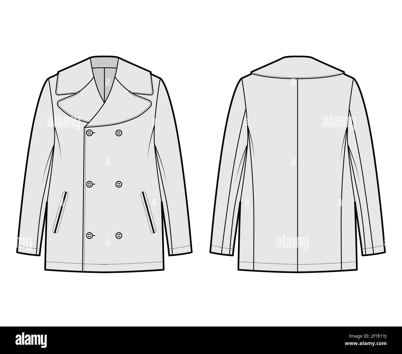 Pea overcoat technical fashion illustration with fingertip length, oversized Stand up collar, jetted pockets. Flat jacket template front, back, grey color style. Women, men, unisex top CAD mockup Stock Vector