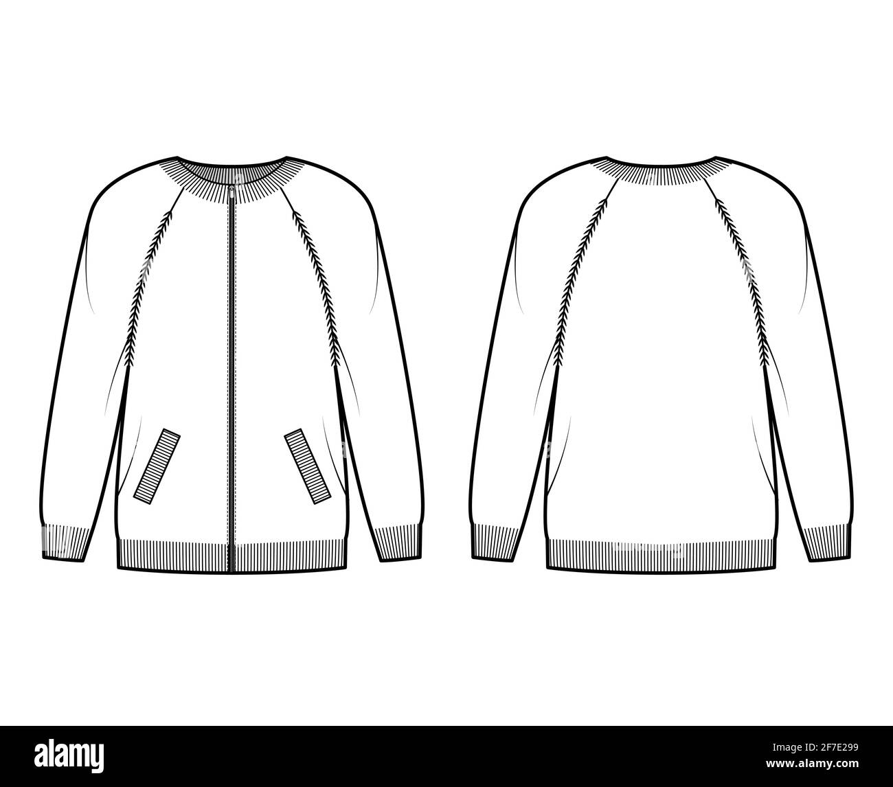 Zip-up cardigan Sweater technical fashion illustration with rib crew ...