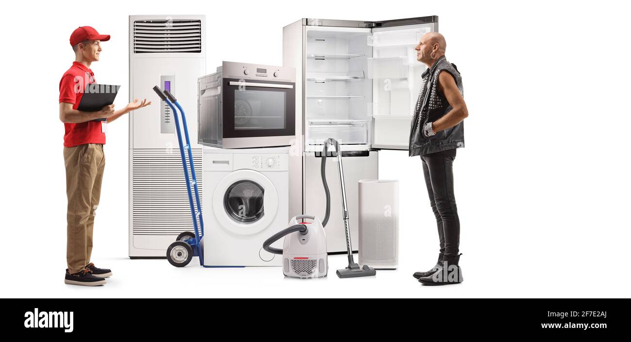 Salesman in a home appliances store with a male customer isolated on