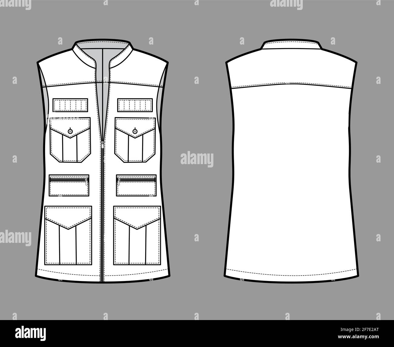 Safari vest waistcoat technical fashion illustration with sleeveless, stand collar, zip-up closure, pockets, oversized body. Flat template front, back, white color style. Women, men, unisex CAD mockup Stock Vector